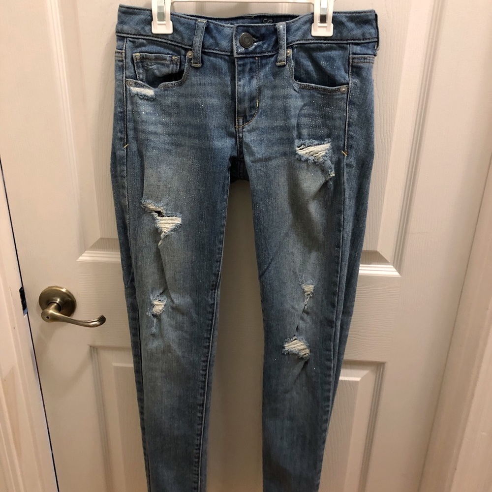 American Eagle Sparkle Skinny Jeans Distressed
